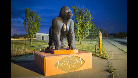 Sixty-five feet below Picher Cardin High School's gorilla statue is an old mining cavern. It's 106 feet tall, 300 feet in diameter and is supported by a single 18-foot diameter concrete pillar – a 'toothpick' according to Ed Keheley – that was poured in 1939.