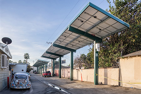 Ground view of solar carports built by Baja at a mobile home park in Long Beach, Calif.